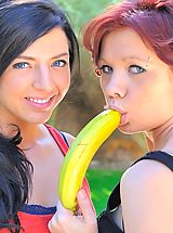 naked girls, Rita and Madeline masturbating with bananas