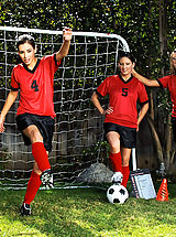 Naughty America Nippels, Three sexy girls warm up on the soccer field before taking advantage of the coaches hard dick.